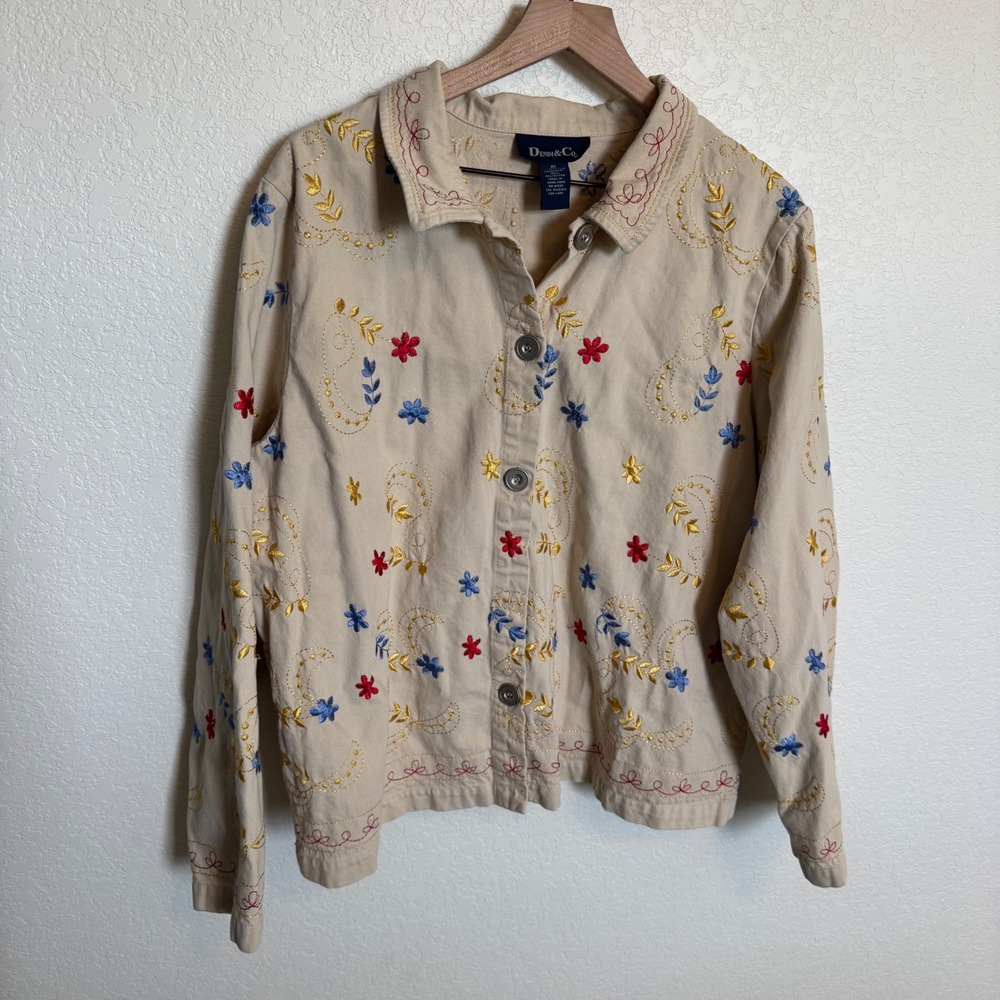 Vintage Cottagecore Boho Denim & Co Embroidered Jacket Size XL Tan